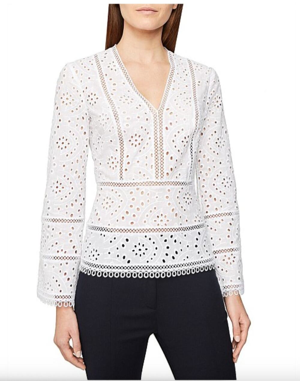 REISS Acelina Eyelet-Lace Crochet Top White Long Bell Sleeves Cotton Blouse US 0